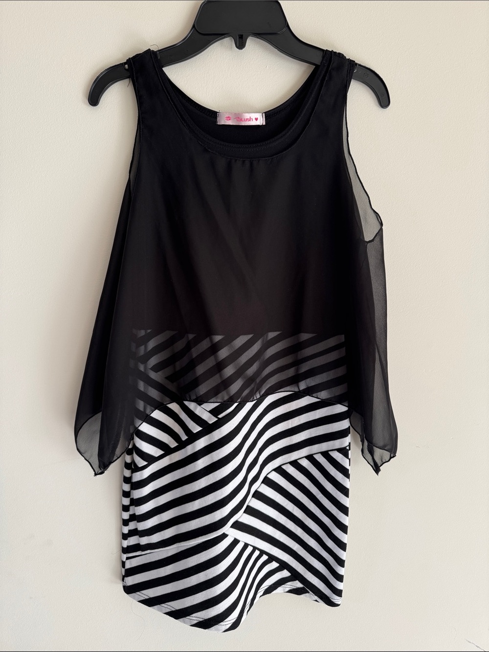 Blush Sheer Black Overlay On Black And White Striped Girls Size L Dress